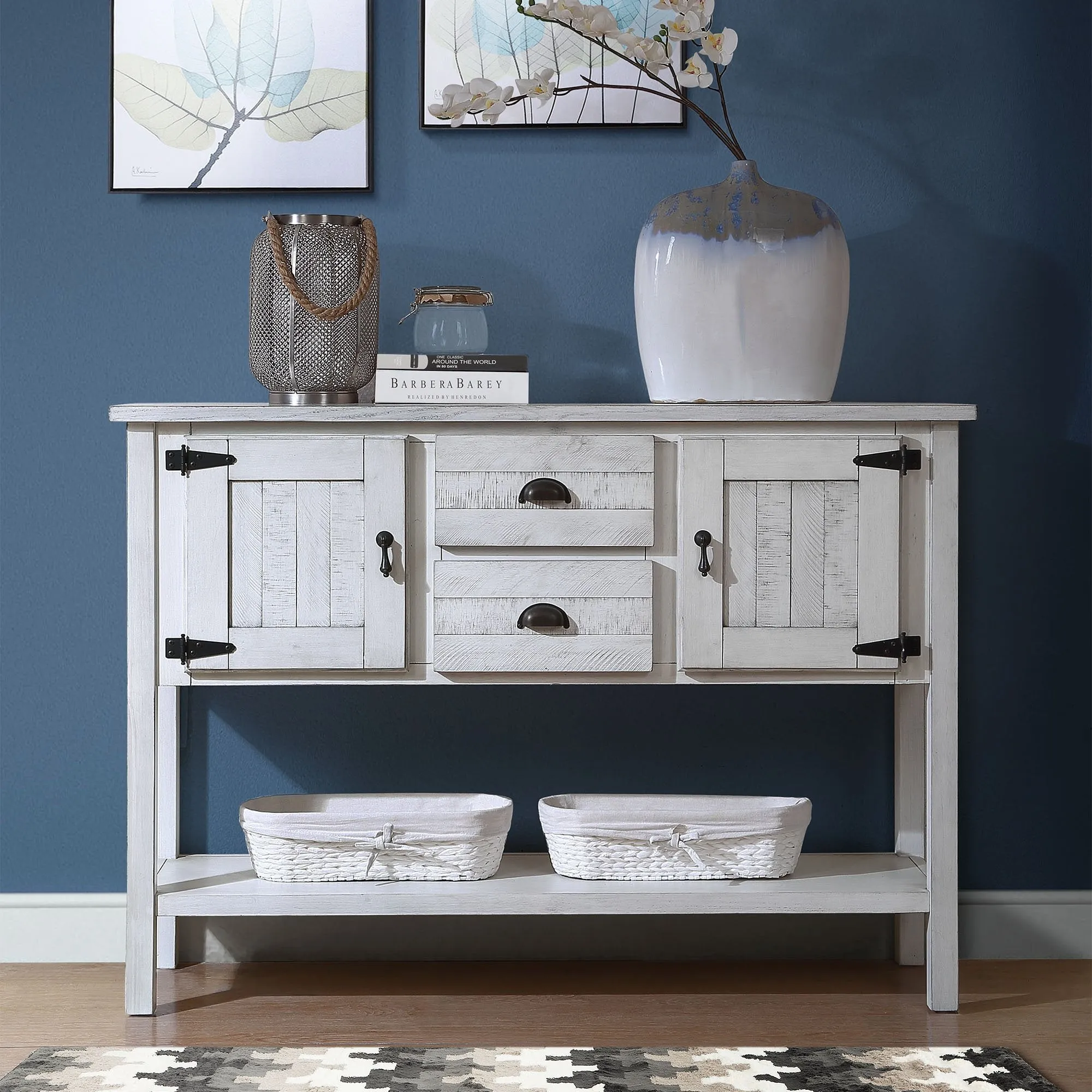 48'' Solid Wood Sideboard Console Table with 2 Drawers and Cabinets and Bottom Shelf for Living Room and Kitchen Dining