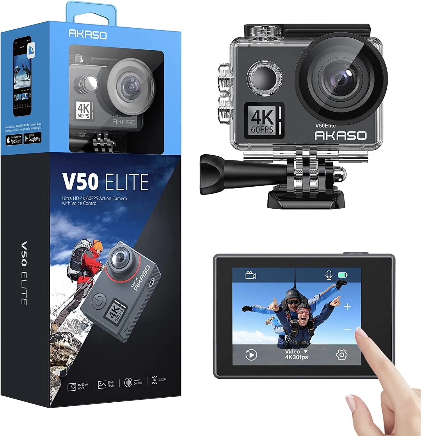 AKASO V50 Elite 4K60Fps Touch Screen Wifi Action Camera Voice Control EIS Web Camera 131 Feet Waterproof Camera Adjustable View Angle 8X Zoom Remote Control Sports Camera with Helmet Accessories Kit