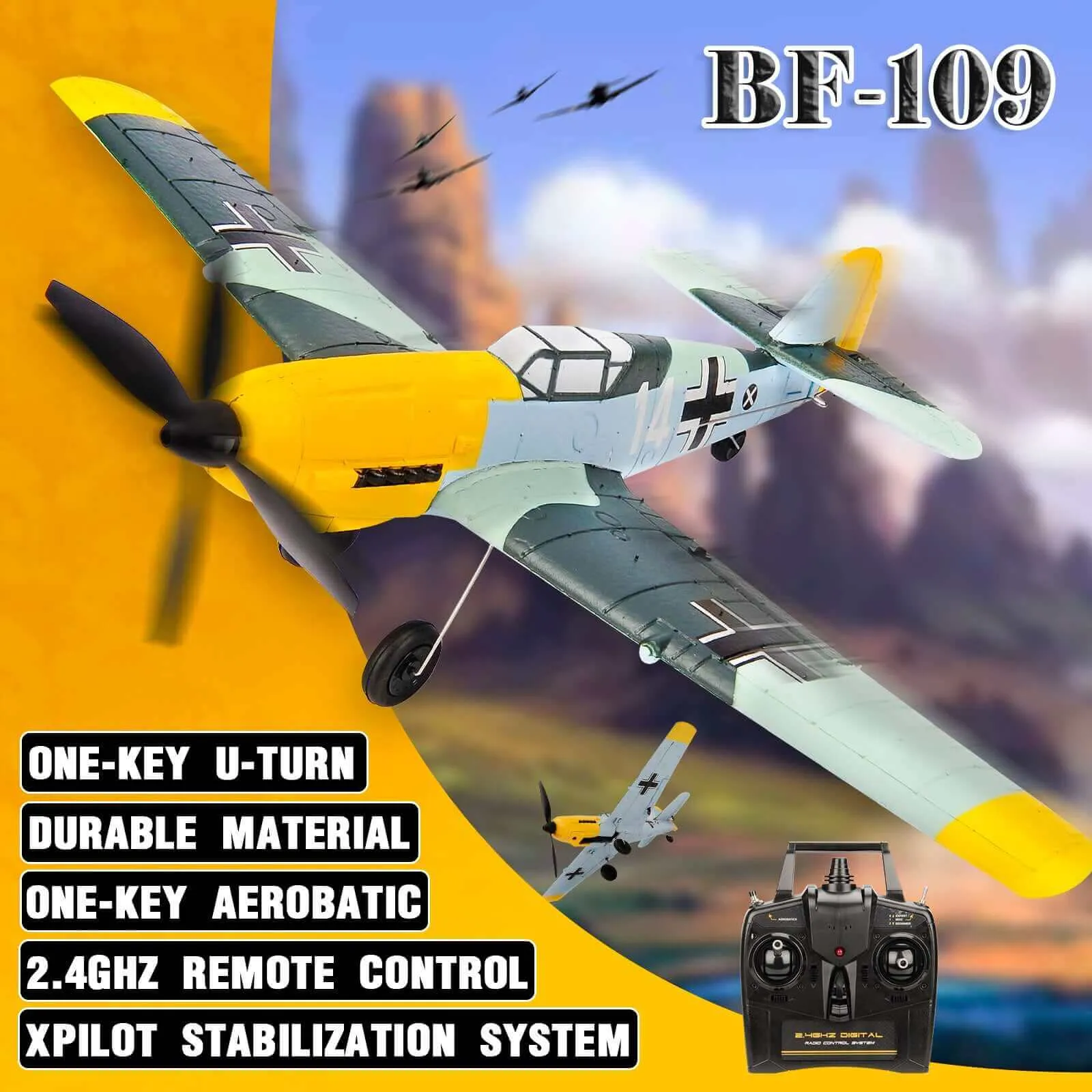 BF109 Warbird RC Plane, 2.4GHz 4CH 400mm Wingspan - Aerobatics & XPilot EPP RTF