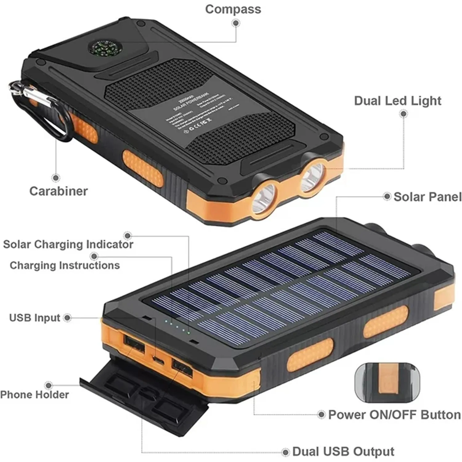 Durecopow S1008D 20000mAh Solar Charger for Cell Phone iPhone, Portable Solar Power Bank with Dual 5V USB Ports