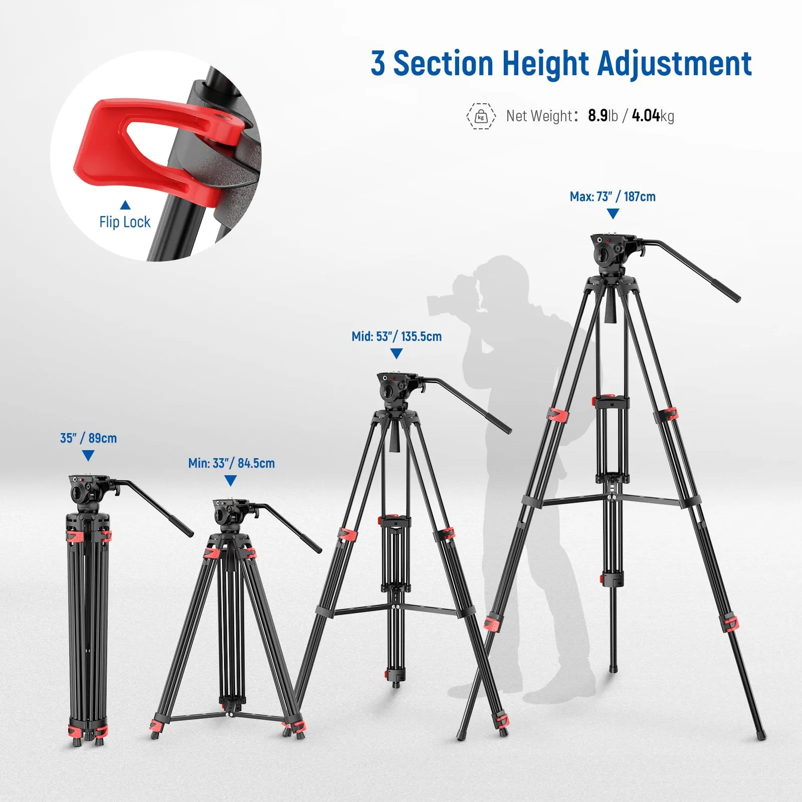 NEEWER TP37 74" Metal Video Tripod with Fluid Head