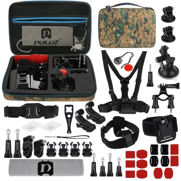 PULUZ 45 in 1 Accessories Ultimate Combo Kits with Camouflage EVA Case (Chest Strap   Suction Cup Mount   3-Way Pivot Arms   J-Hook Buckle   Wrist Strap   Helmet Strap   Surface Mounts   Tripod Adapte ...  for GoPro, Insta360, DJI and Other Action Cameras