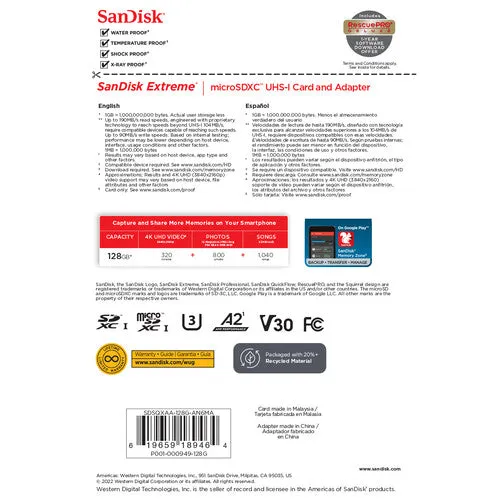 SanDisk 128GB Extreme UHS-I microSDXC Memory Card with SD Adapter