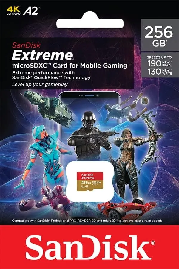 SanDisk 256GB Extreme microSDXC Card - Up to 190MB/s, A2 App Performance, UHS-I, Class 10, U3, V30 - For Mobile Gaming