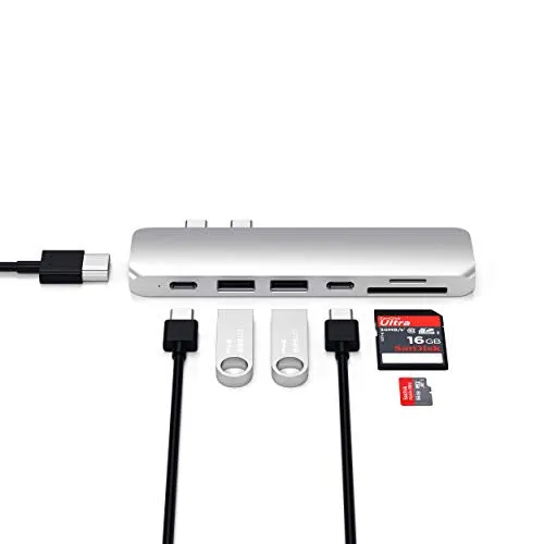 Satechi Aluminum Type-C Pro Hub Adapter - Thunderbolt 3 (40Gbs), 4k HDMI, Pass-Through Charging, SD/Micro Card Reader, 2 USB 3.0 Ports for 2016/2017 MacBook Pro 13-Inch and 15-Inch (Silver)