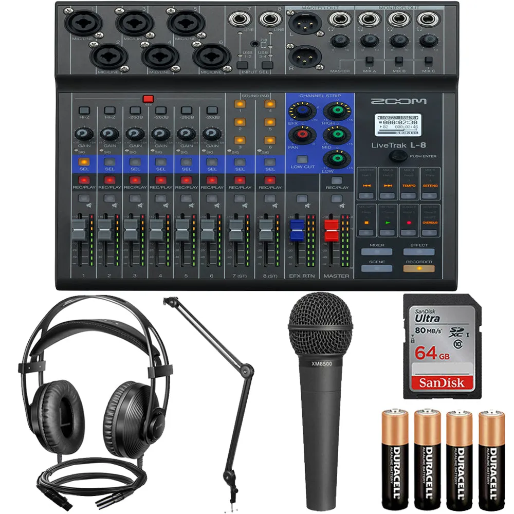 Zoom LiveTrak L-8 Portable Podcast 8-Track Digital Mixer   Microphone Accessory Kit