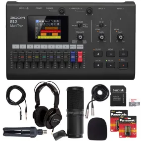 Zoom R12 MultiTrak Recorder   ZDM-1 Podcast Mic Pack Microphone, Headphones, Tripod, Windscreen & Cable Bundle